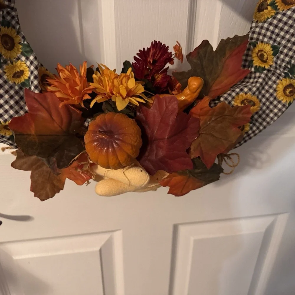 Vintage Fall Scarecrow Fabric Wreath Door Decoration w/ Sunflower & Pumpkin LRG!